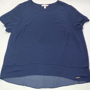 Michael Kors 2X Navy Blue Short Sleeve Top Split Back Lined Front Layered Hem